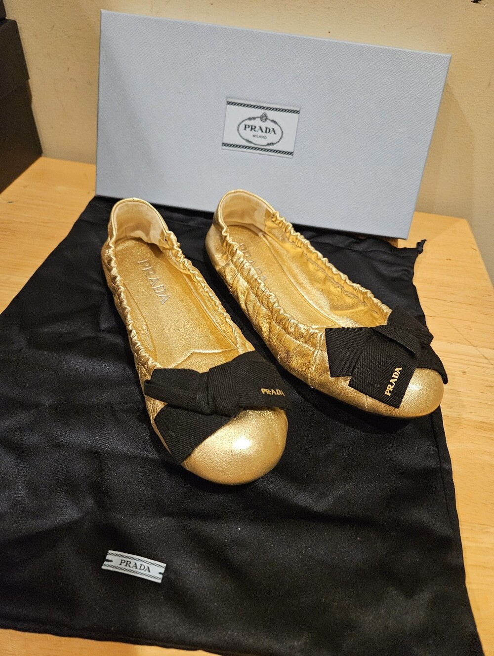 Prada Sacchetto Gold Leather Ballerina Flats Sz 39